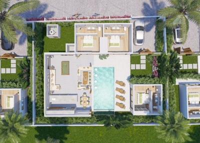 Aerial view of a luxury residential property with outdoor amenities