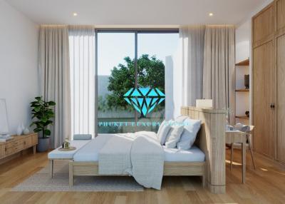 Modern bedroom with natural light and wooden furniture