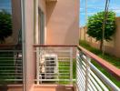 Spacious balcony with terracotta tiles and white railings