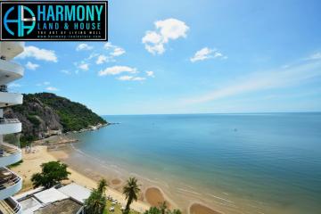 Stunning beachfront view from a high-rise balcony showcasing the clear blue sky, tranquil sea, and sandy shore.