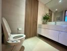 Modern bathroom with clean design featuring a toilet and vanity