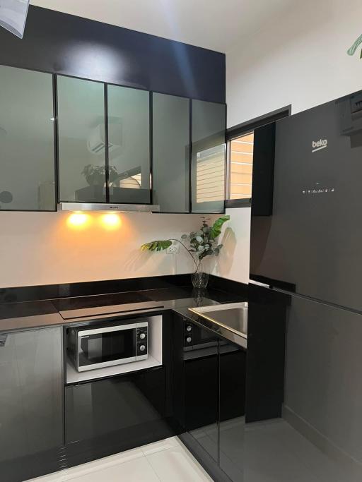 Modern kitchen with stainless steel appliances and black cabinetry