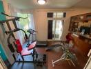 Home gym room with various exercise equipment