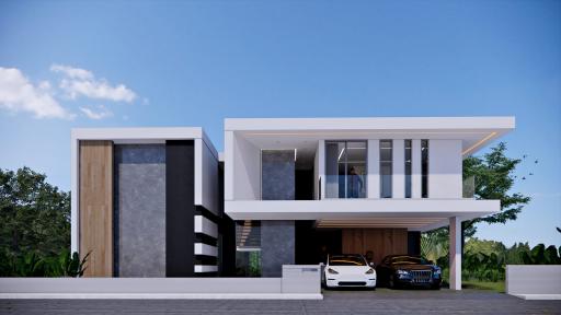 Modern two-story house with a flat roof, balcony, and integrated garage