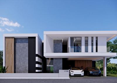 Modern two-story house with a flat roof, balcony, and integrated garage