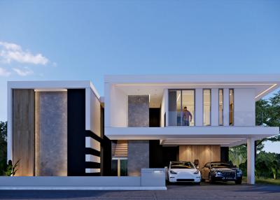 Modern two-story house with large windows and carport during twilight