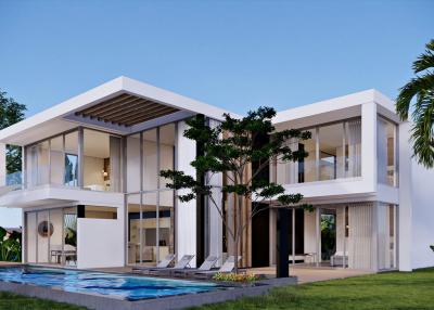 Modern two-story house with pool and garden