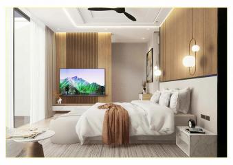Modern bedroom interior with television and warm lighting