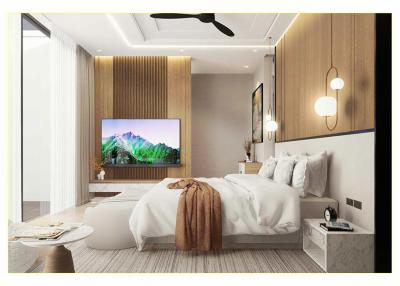Modern bedroom interior with television and warm lighting