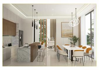 Modern kitchen and dining area with elegant design and lighting