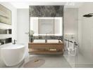 Spacious modern bathroom with double vanity and freestanding tub