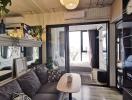 Cozy and well-lit living room with modern decor and balcony access