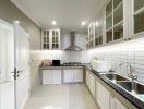 Modern kitchen with white cabinetry and stainless steel appliances