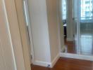 Hallway leading to the living space with hardwood floors and natural light