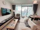 Cozy modern living room with ample seating and a city view