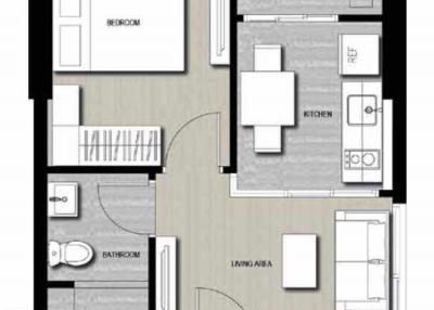 Floor plan of a modern apartment featuring a bedroom, bathroom, kitchen, living area, and balcony