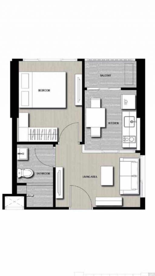 Floor plan of a modern apartment featuring a bedroom, bathroom, kitchen, living area, and balcony