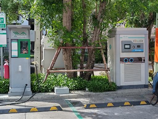 Electric vehicle charging station in a parking area