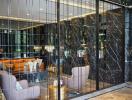 Luxurious lobby area with modern furnishings and marble details