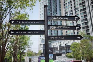 Directional signs with apartment buildings in the background