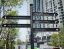 Directional signs with apartment buildings in the background