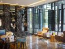 Luxurious lobby area with marble floors and designer furniture