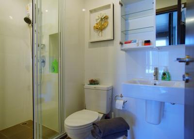 Modern bathroom with shower cabin and vanity