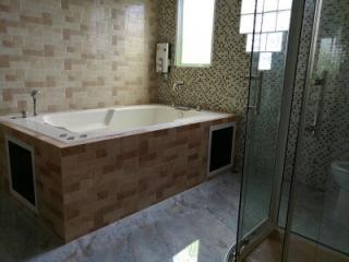 Spacious modern bathroom with bathtub and shower