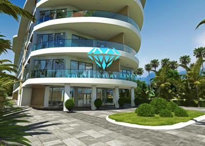 Modern luxury building exterior with landscaped entrance