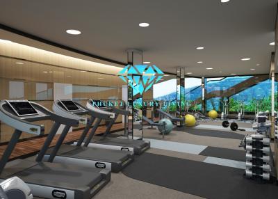 Modern gym with exercise equipment and mountain view