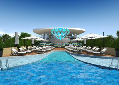 Luxurious poolside with sun loungers and umbrellas against a backdrop of a modern structure