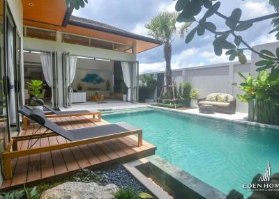 Bright and modern outdoor pool area with direct access to the living room