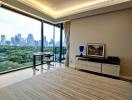 Modern bedroom with large windows and a city view