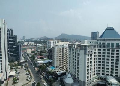 City skyline and streets viewed from a high-rise building window