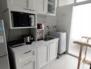 Modern compact kitchen with white cabinetry and appliances