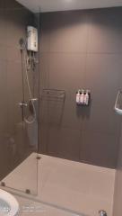 Modern bathroom with glass shower enclosure and wall-mounted heater