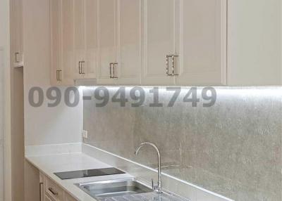 Modern kitchen interior with white cabinetry and stainless steel sink