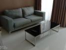 Modern living room with gray sofa and glass coffee table