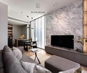 Modern living room with marble wall and city view