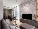 Modern living room with marble wall and city view