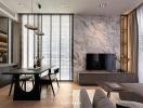 Modern living room with marble wall and contemporary furniture