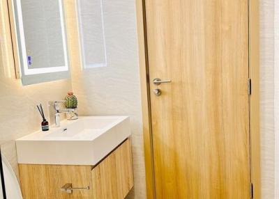 Modern bathroom with wooden door and sleek design