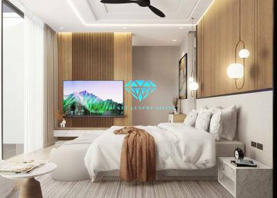 Modern bedroom interior with king-size bed and contemporary decor