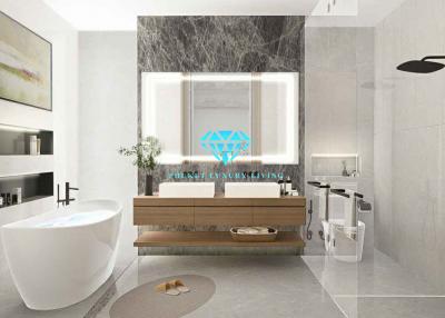 Modern bathroom interior with a luxurious freestanding bathtub and dual vanity sinks