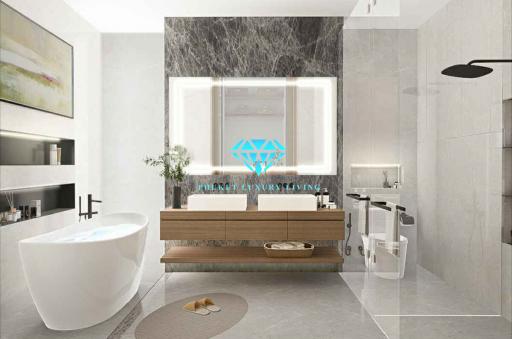 Modern bathroom interior with a luxurious freestanding bathtub and dual vanity sinks