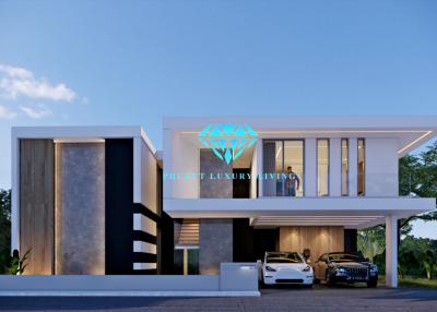 Modern luxury house exterior with cars parked at dusk