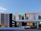 Modern luxury house exterior with cars parked at dusk