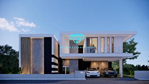 Modern luxury house exterior with cars parked at dusk