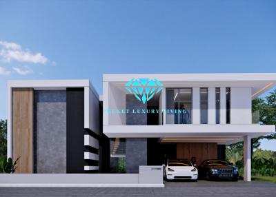 Modern luxury home facade with cars parked outside