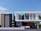 Modern luxury home facade with cars parked outside